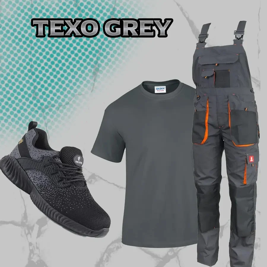 TEXO Grey Munkaruha szett - Kantáros munkásnadrág + póló + munkavédelmi cipő S1